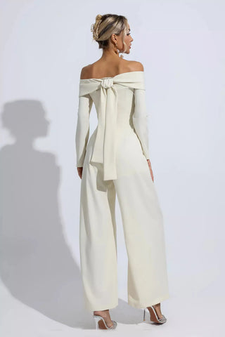 Cassidy Off-Shoulder Drape Jumpsuit — Apricot