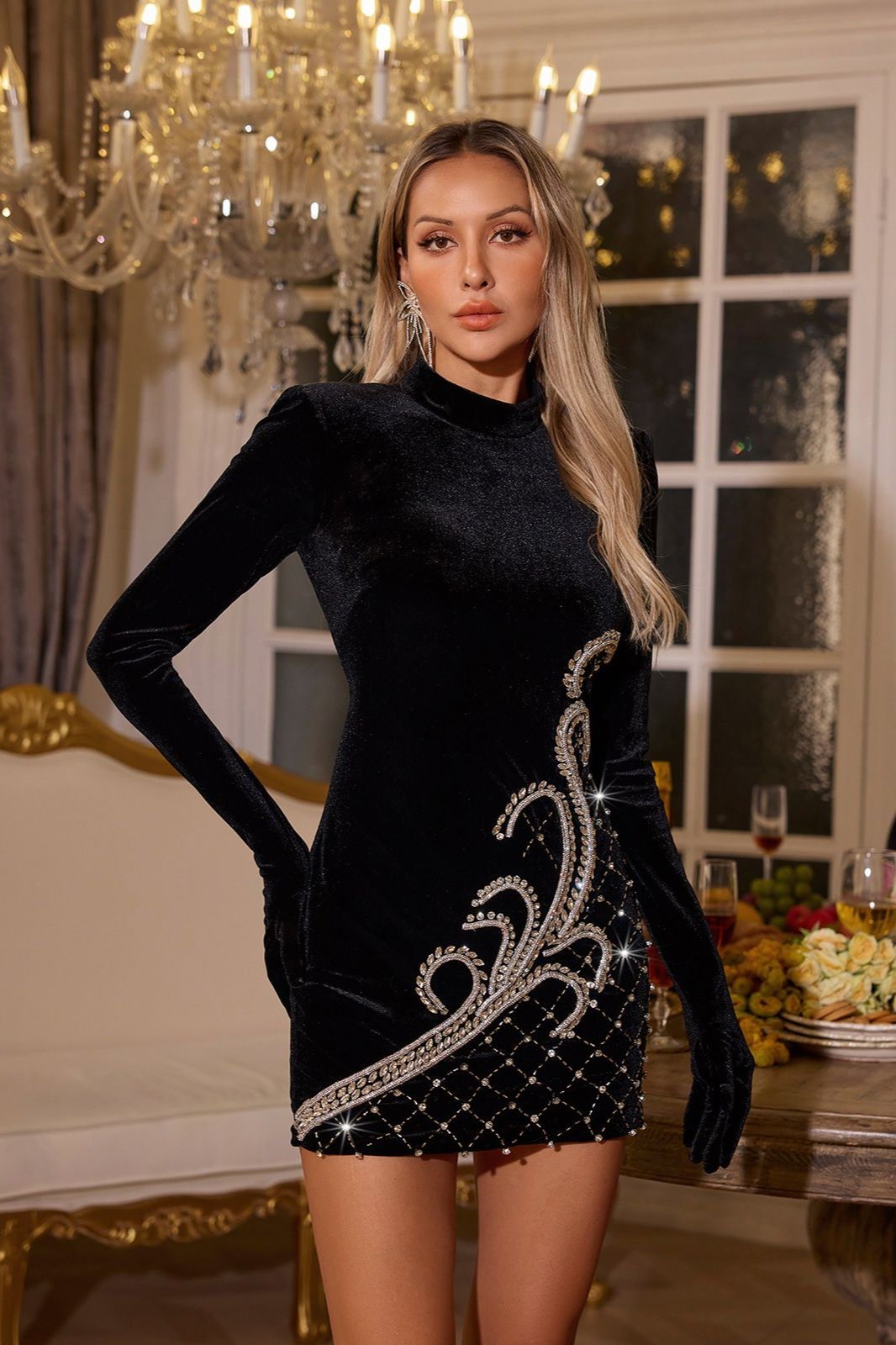 Cathey Rhinestone Long-Sleeve Mini Dress