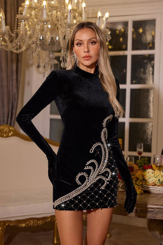 Cathey Rhinestone Long-Sleeve Mini Dress