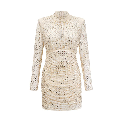 Noémie Crystal-Embellished Draped Mini Dress — Champagne