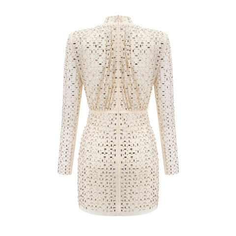 Noémie Crystal-Embellished Draped Mini Dress — Champagne