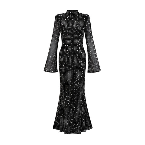 Léna Semi-Sheer Crystal Maxi Dress — Black