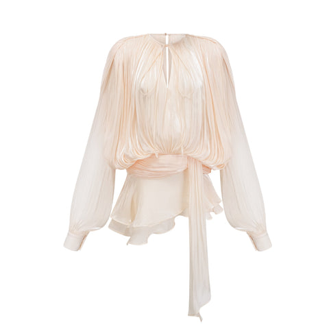 Eugénie Pleated Ruffle Mini Dress — Neutral