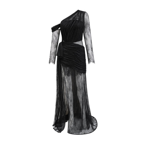 Jeanne One-Shoulder Lace Maxi Gown — Black