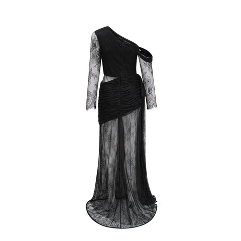Jeanne One-Shoulder Lace Maxi Gown — Black