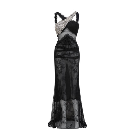 Irène Crossover Lace Maxi Dress — Black