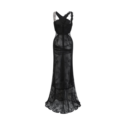 Irène Crossover Lace Maxi Dress — Black