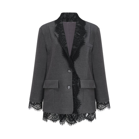Dianthe Lace-Panel Blazer — Grey & Black