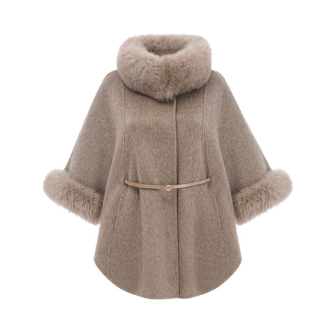 Chloris Wool Cape Coat with Fur Trim — Taupe Brown