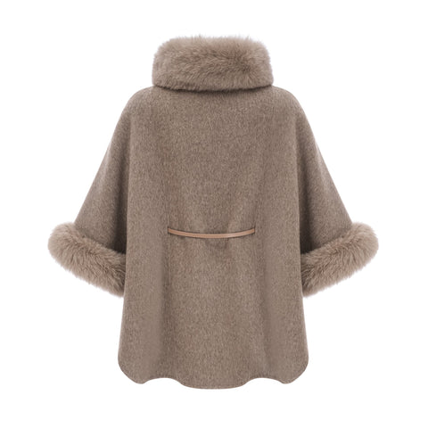 Chloris Wool Cape Coat with Fur Trim — Taupe Brown