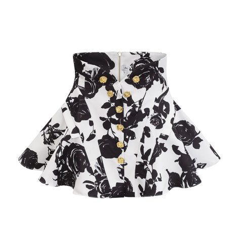Léonor Floral Print Shirt and Skirt Set — Black & White