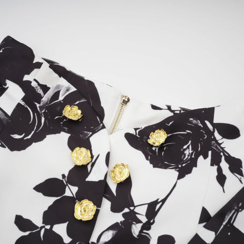Léonor Floral Print Shirt and Skirt Set — Black & White