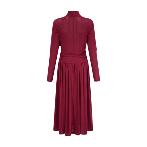 Camille Ruched Flap-Detail Midi Dress — Wine Red