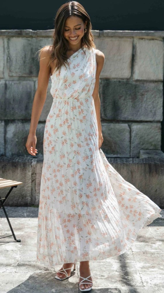 Floral One-Shoulder Midi Dress — Orange, Cuavan
