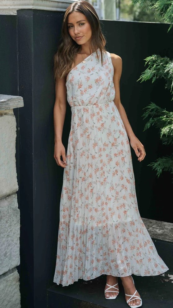 Floral One-Shoulder Midi Dress — Orange, Cuavan