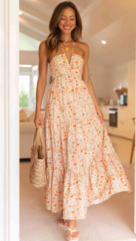 Floral Halter Maxi Dress — Orange, Cuavan