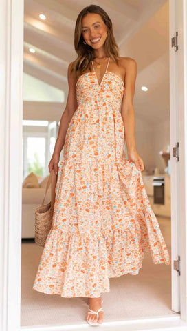 Floral Halter Maxi Dress — Orange, Cuavan