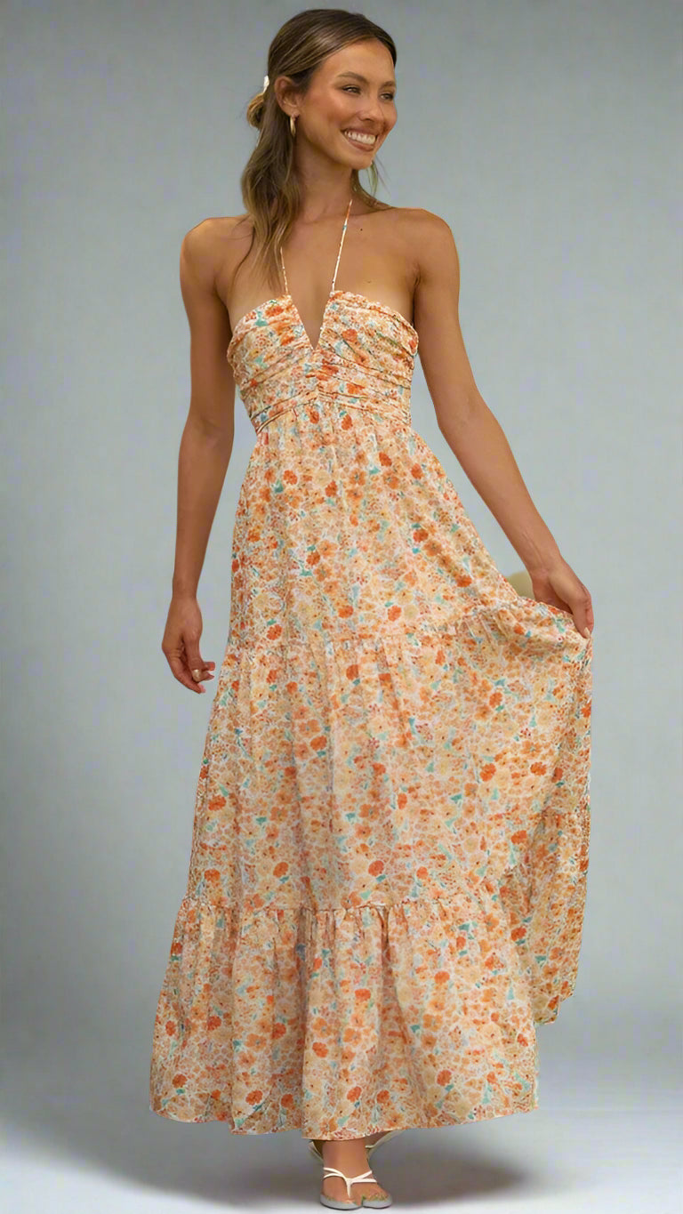 Floral Halter Maxi Dress — Orange, Cuavan