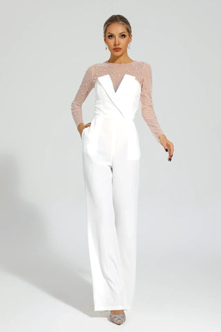 Dobbin Mesh-Bodice Jumpsuit — White