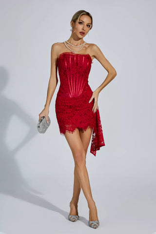 Eileen Off-Shoulder Lace Mini Dress — Red