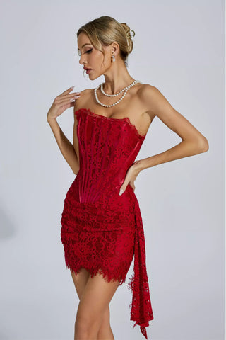Eileen Off-Shoulder Lace Mini Dress — Red
