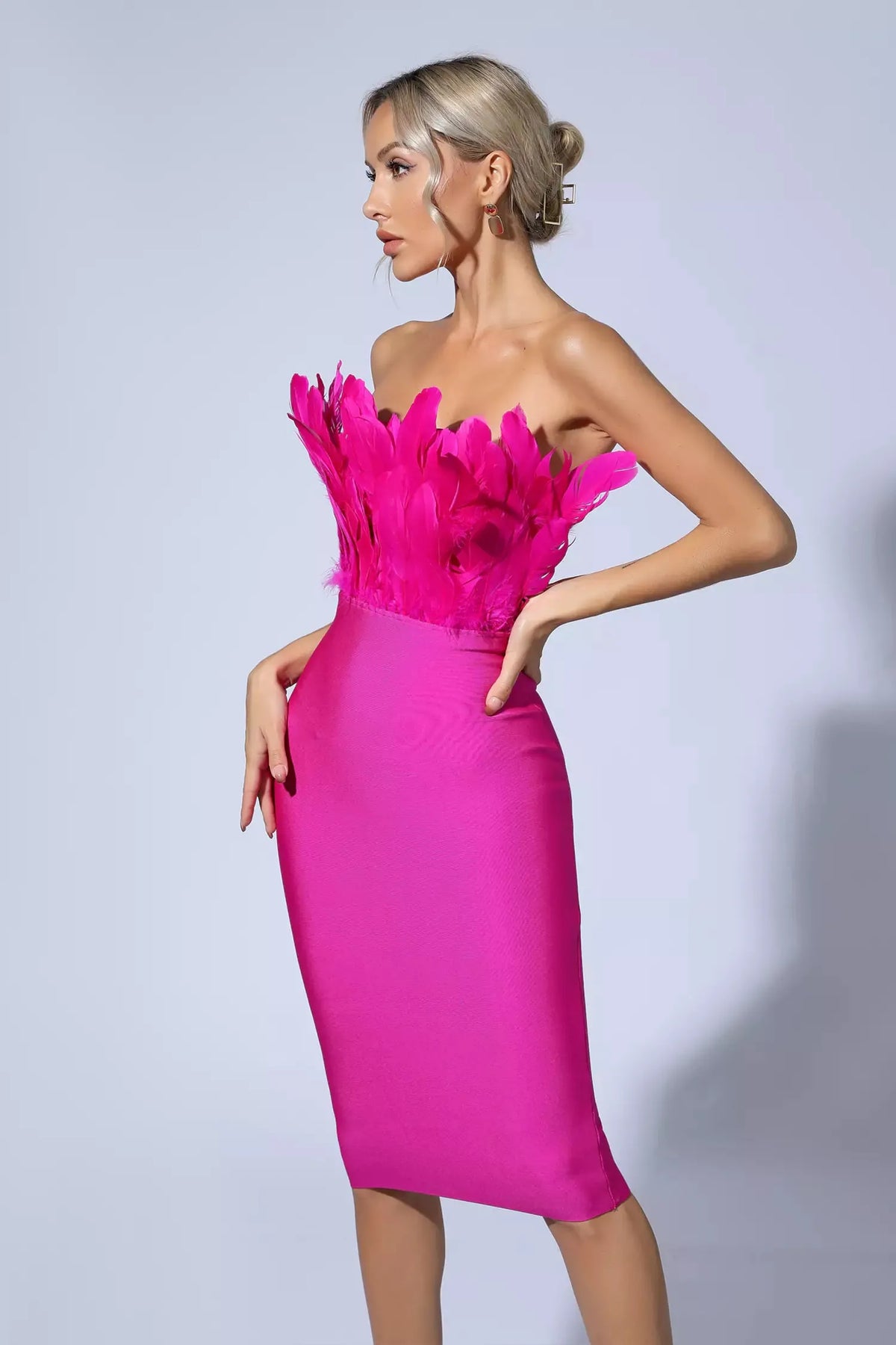 Elianna Feather Bandage Midi Dress — Pink