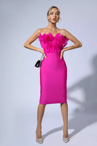 Elianna Feather Bandage Midi Dress — Pink
