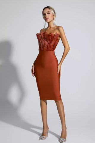 Elianna Feather Bodice Midi Dress — Dark Brown