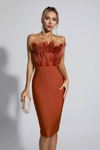 Elianna Feather Bodice Midi Dress — Dark Brown