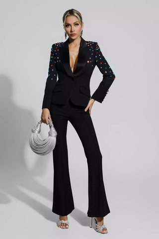 Emely Beaded Sequin Blazer and Pants Set — Black