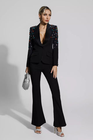 Emely Beaded Sequin Blazer and Pants Set — Black