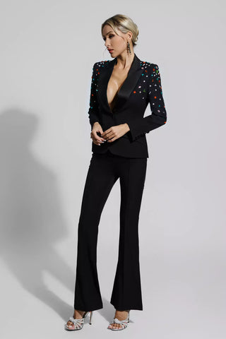 Emely Beaded Sequin Blazer and Pants Set — Black