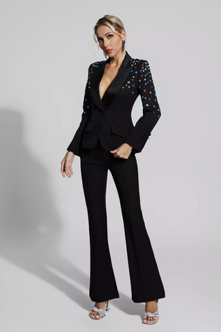 Emely Beaded Sequin Blazer and Pants Set — Black