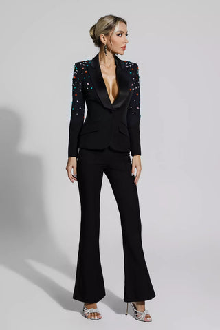 Emely Beaded Sequin Blazer and Pants Set — Black