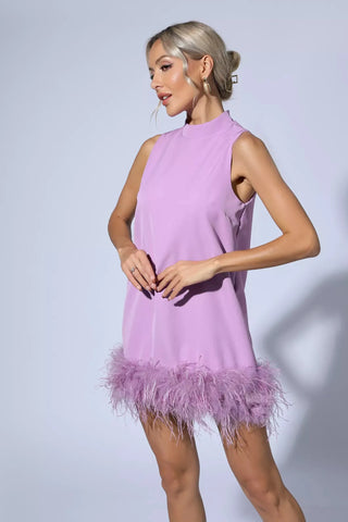 Hope Feather-Trim Mini Dress — Purple