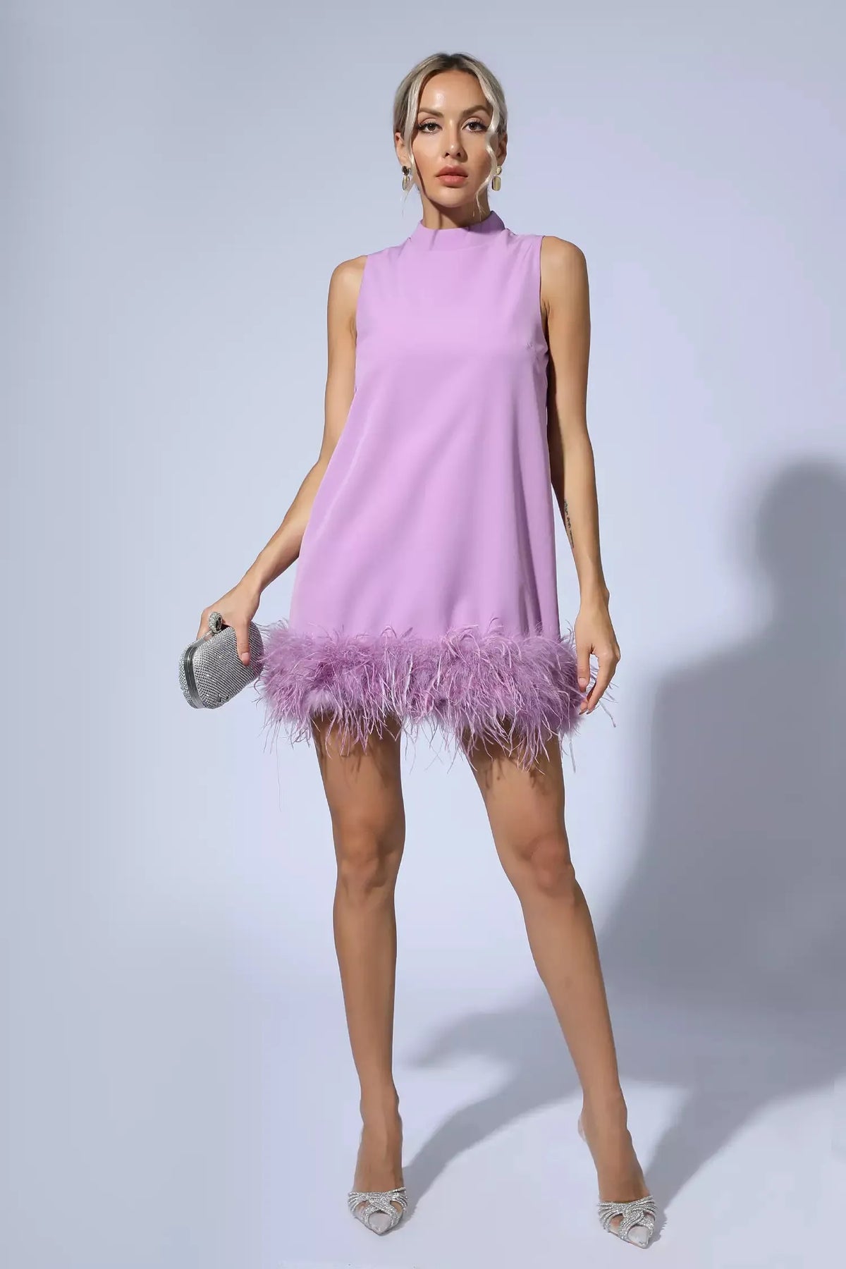 Hope Feather-Trim Mini Dress — Purple