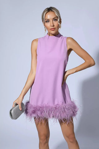 Hope Feather-Trim Mini Dress — Purple