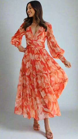 Floral Long Sleeve Midi Dress — Orange, Cuavan