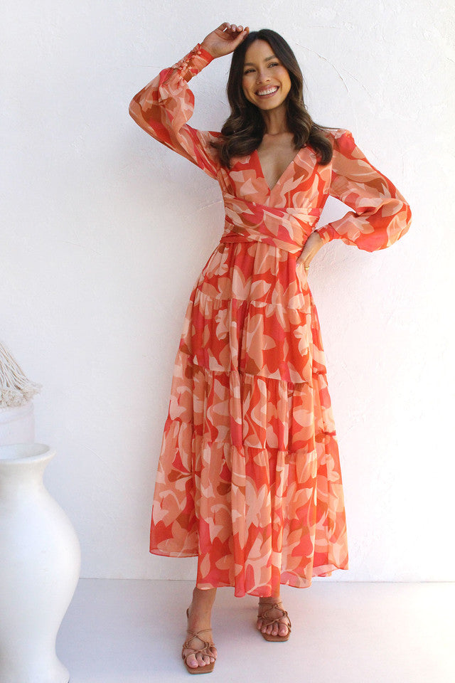 Floral Long Sleeve Midi Dress — Orange, Cuavan