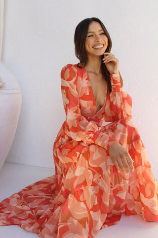 Floral Long Sleeve Midi Dress — Orange, Cuavan