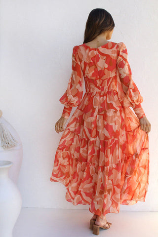Floral Long Sleeve Midi Dress — Orange, Cuavan