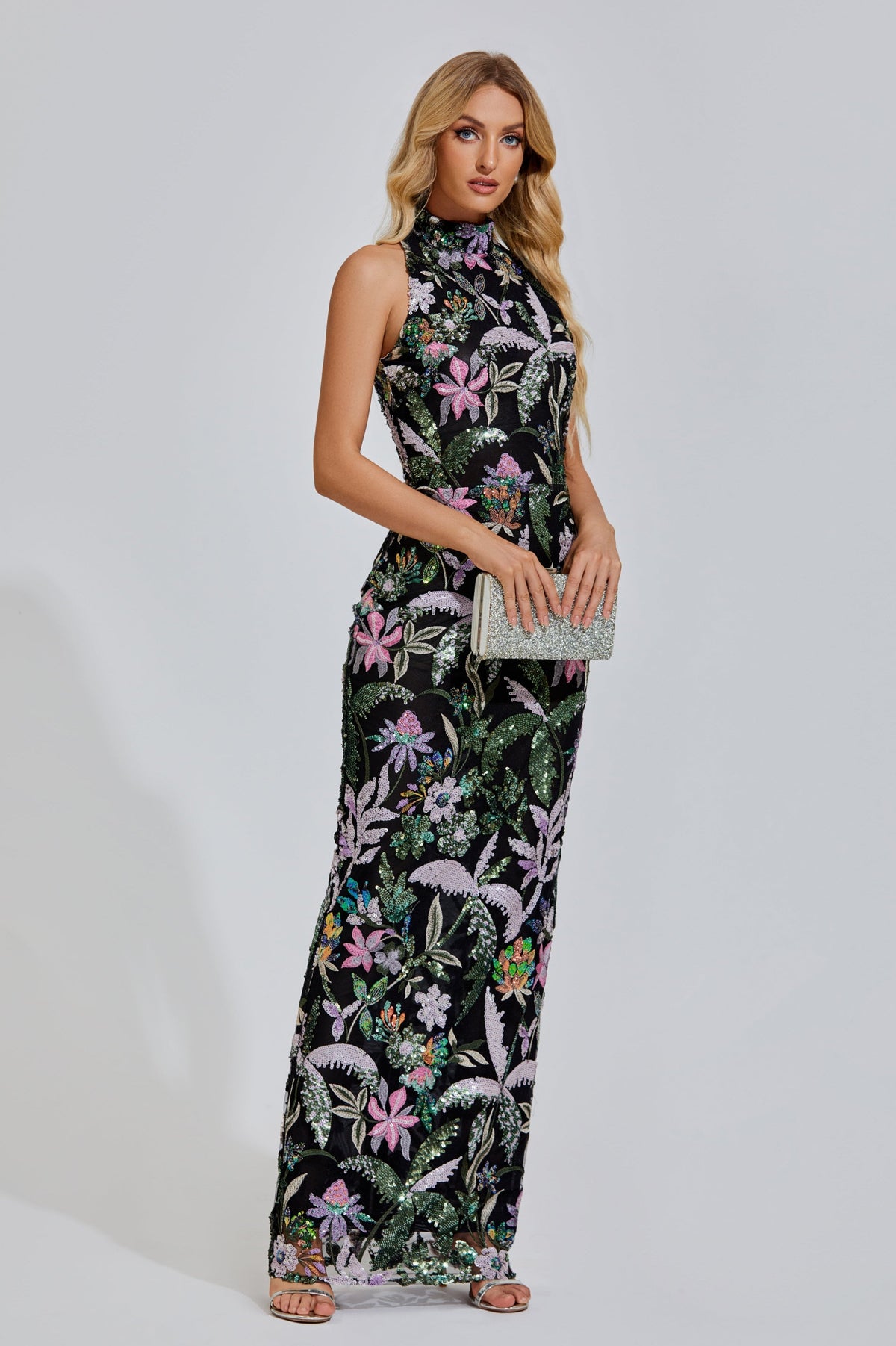 Sheila Embroidered Sequin Maxi Dress — Purple