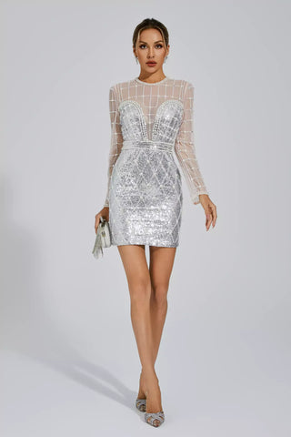 Iliana Long-Sleeve Sequin & Pearl Mini Dress — Silver