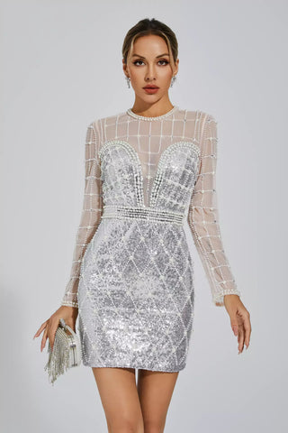 Iliana Long-Sleeve Sequin & Pearl Mini Dress — Silver
