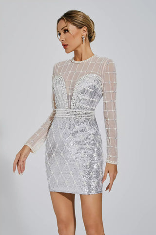 Iliana Long-Sleeve Sequin & Pearl Mini Dress — Silver