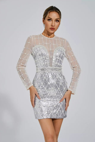 Iliana Long-Sleeve Sequin & Pearl Mini Dress — Silver