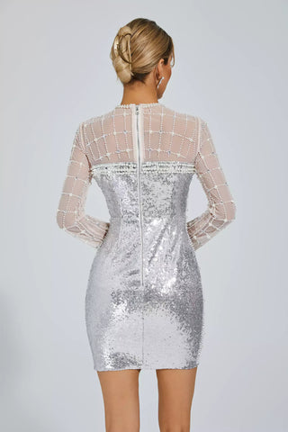 Iliana Long-Sleeve Sequin & Pearl Mini Dress — Silver