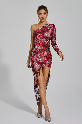 Jangeel One-Shoulder Sequin Maxi Dress with Slit — Pink