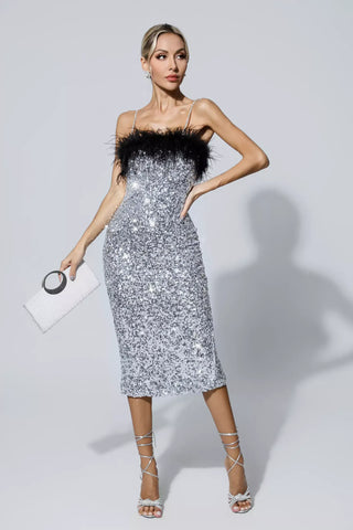 Jemma Sequin Midi Dress with Feather Trim — Black
