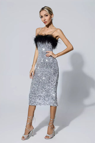 Jemma Sequin Midi Dress with Feather Trim — Black